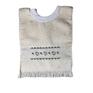 Vintage Handmade Baby‎ Bib Sheep Cross Stitch Terry Cloth Fringe Nursery Decor
